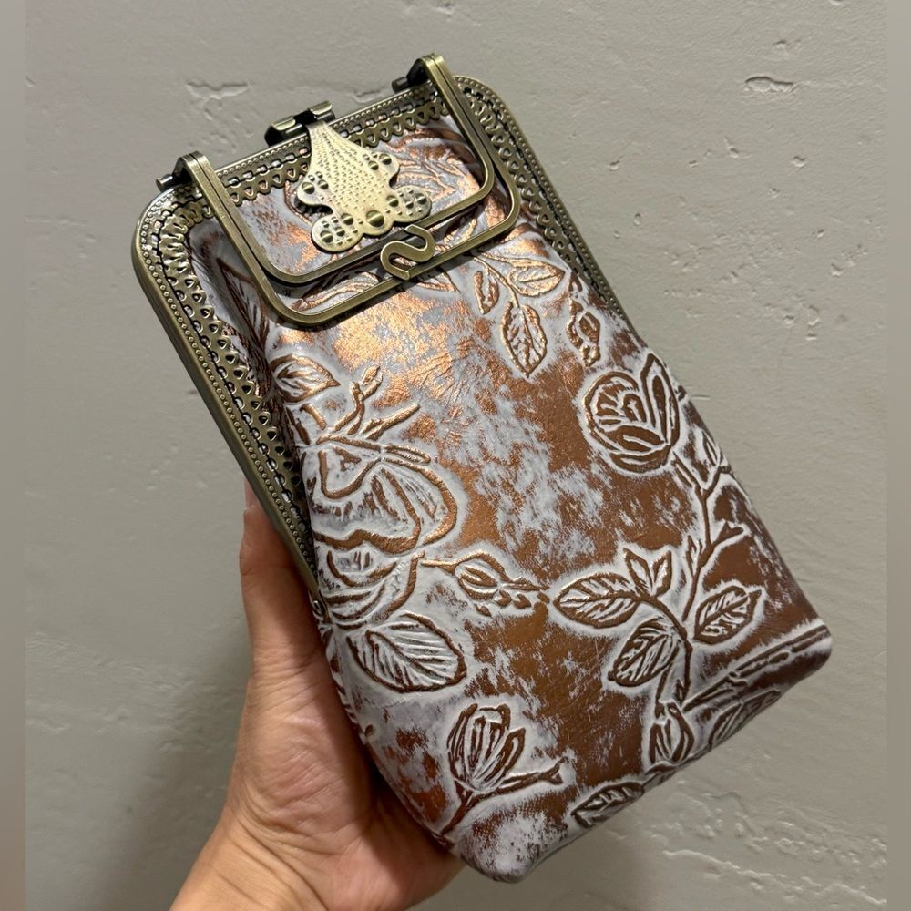 Floral Embossed Cowhide Leather Handmade Push-lock Phone Case/Pouch/Crossbody - Picture 8 of 13